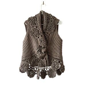 Roz & Ali Womens Crochet Knit Floral Vest 14/16 Wool Blend Sleeveless Open Front
